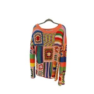 Colorful Patchwork Crochet Sweater… size L+… vibrant, and beautiful